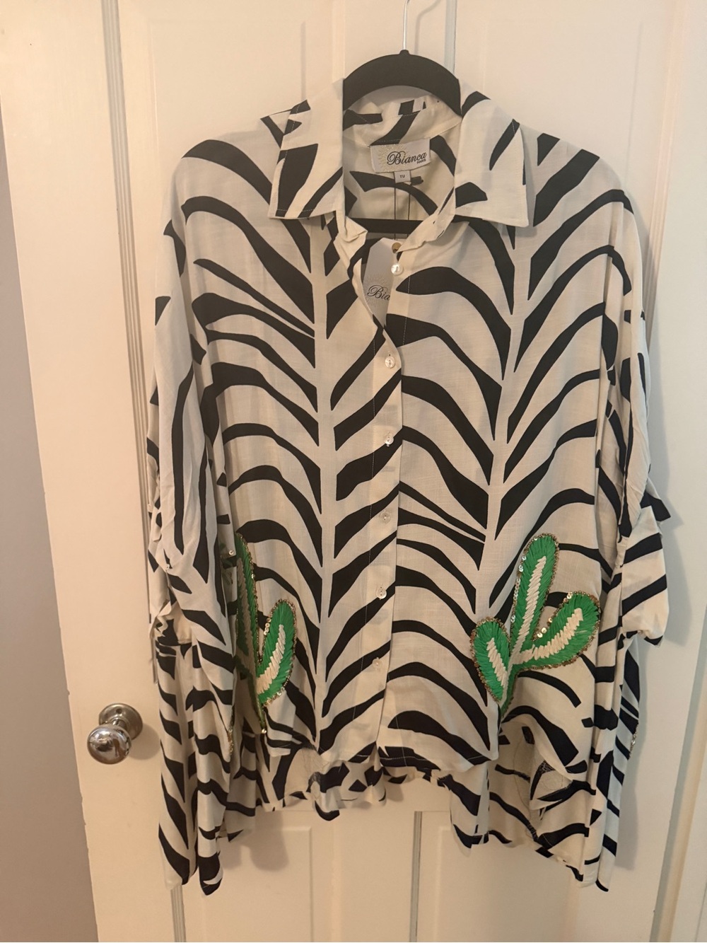 Black & White Zebra-Print Button Front Top and Pants with Green Cactus Accent
